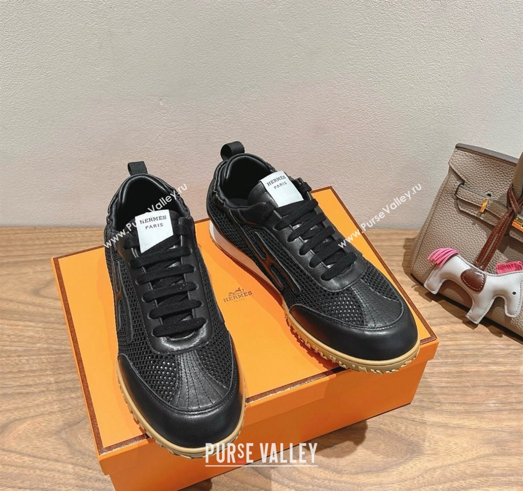 Hermes Jet Sneakers in Crochet Knit Mesh and Calfskin Black 2025 0418 (XC-250418169)