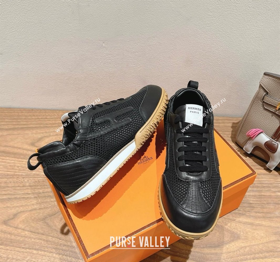 Hermes Jet Sneakers in Crochet Knit Mesh and Calfskin Black 2025 0418 (XC-250418169)
