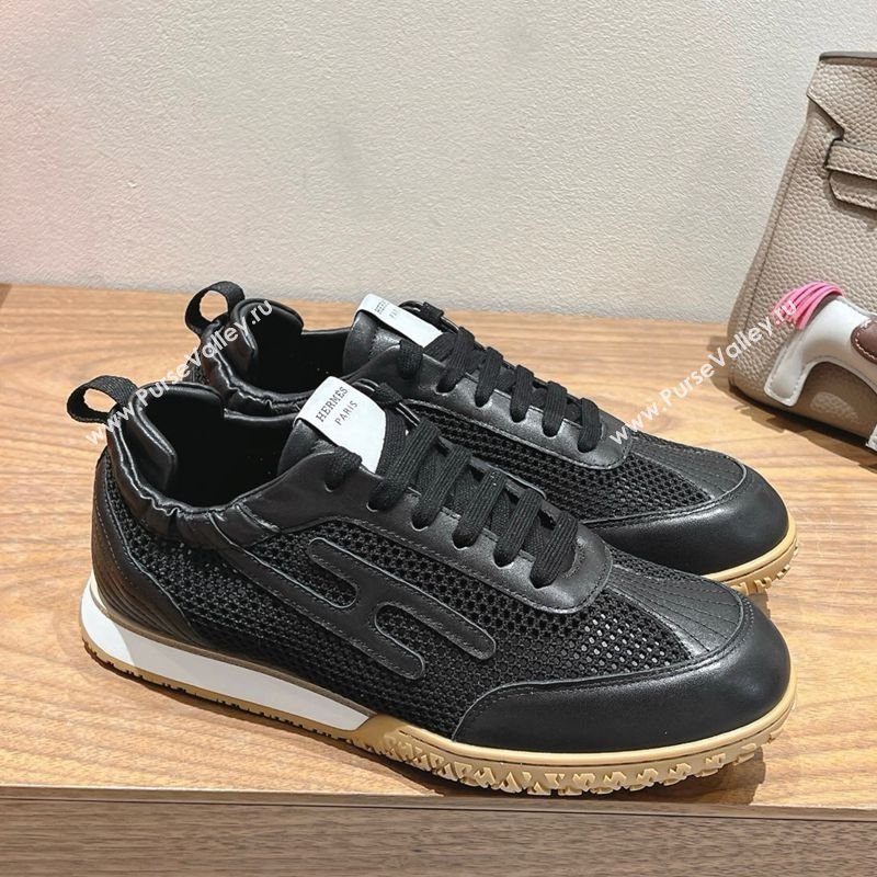 Hermes Jet Sneakers in Crochet Knit Mesh and Calfskin Black 2025 0418 (XC-250418169)