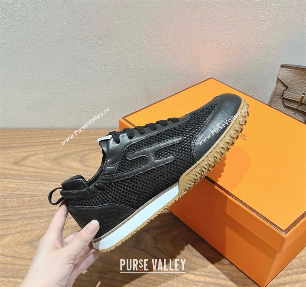 Hermes Jet Sneakers in Crochet Knit Mesh and Calfskin Black 2025 0418 (XC-250418169)
