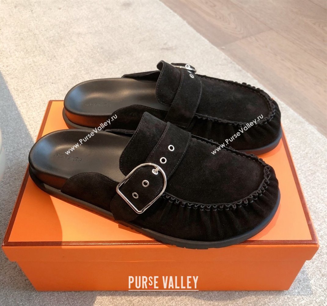 Hermes Key Flat Mules in Suede with Buckle Black 2025 0418 (XC-250418110)