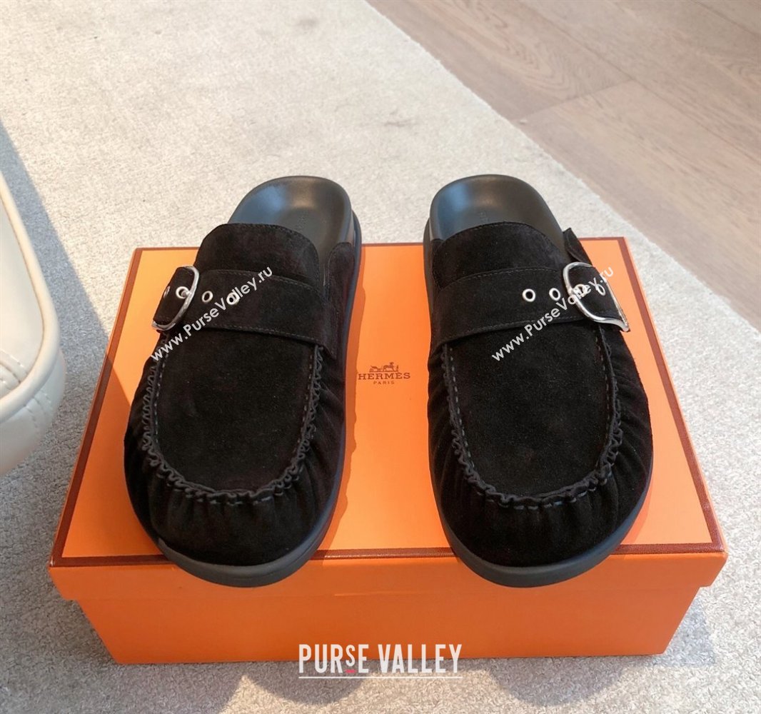 Hermes Key Flat Mules in Suede with Buckle Black 2025 0418 (XC-250418110)