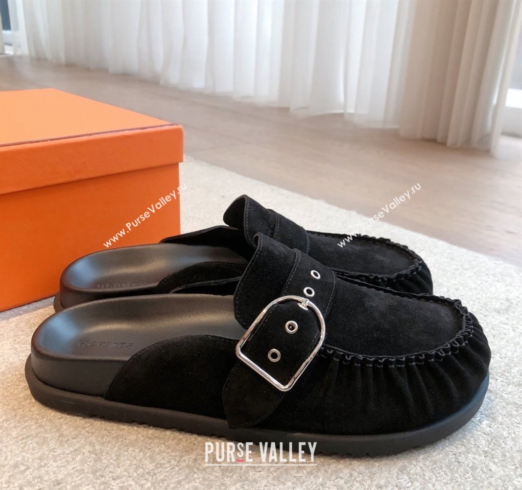 Hermes Key Flat Mules in Suede with Buckle Black 2025 0418 (XC-250418110)