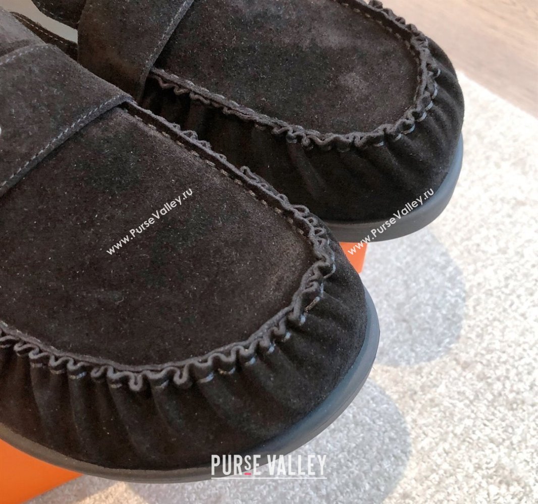 Hermes Key Flat Mules in Suede with Buckle Black 2025 0418 (XC-250418110)