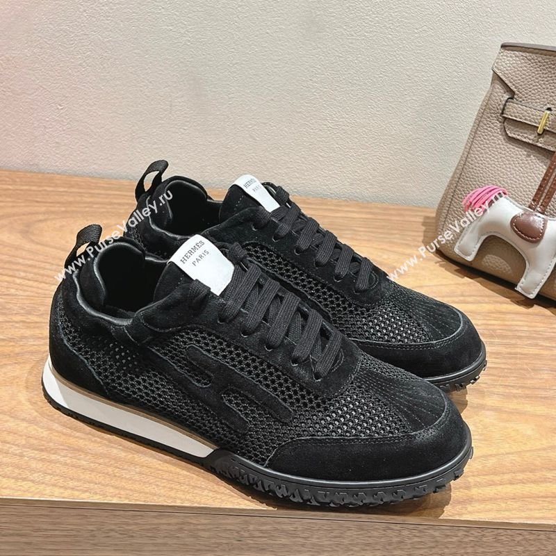 Hermes Jet Sneakers in Crochet Knit Mesh and Suede Black2 2025 0418 (XC-250418177)