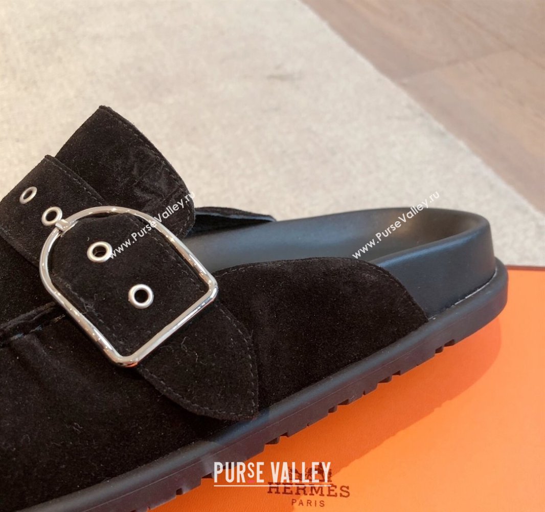 Hermes Key Flat Mules in Suede with Buckle Black 2025 0418 (XC-250418110)