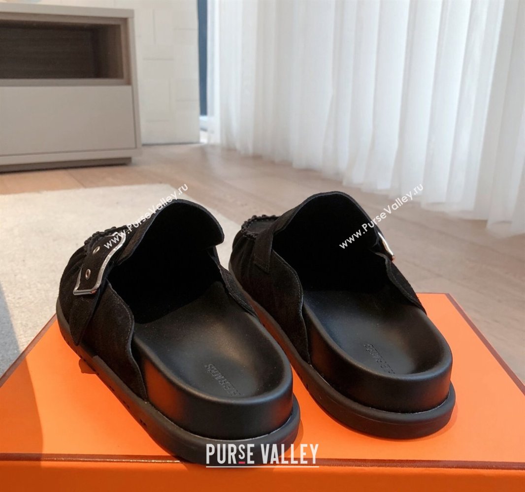 Hermes Key Flat Mules in Suede with Buckle Black 2025 0418 (XC-250418110)