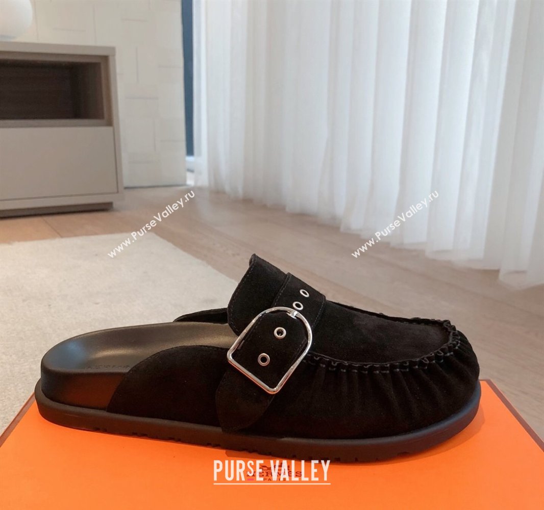 Hermes Key Flat Mules in Suede with Buckle Black 2025 0418 (XC-250418110)