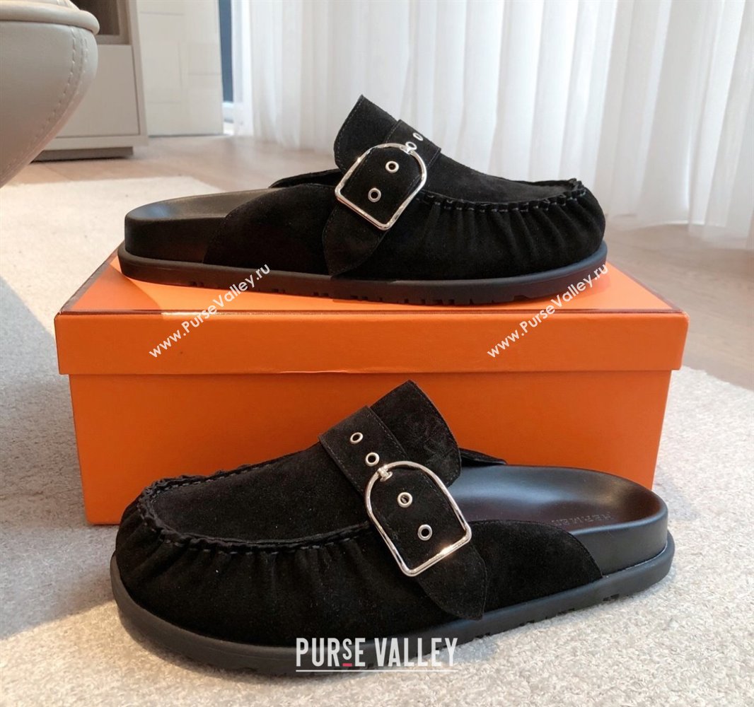 Hermes Key Flat Mules in Suede with Buckle Black 2025 0418 (XC-250418110)