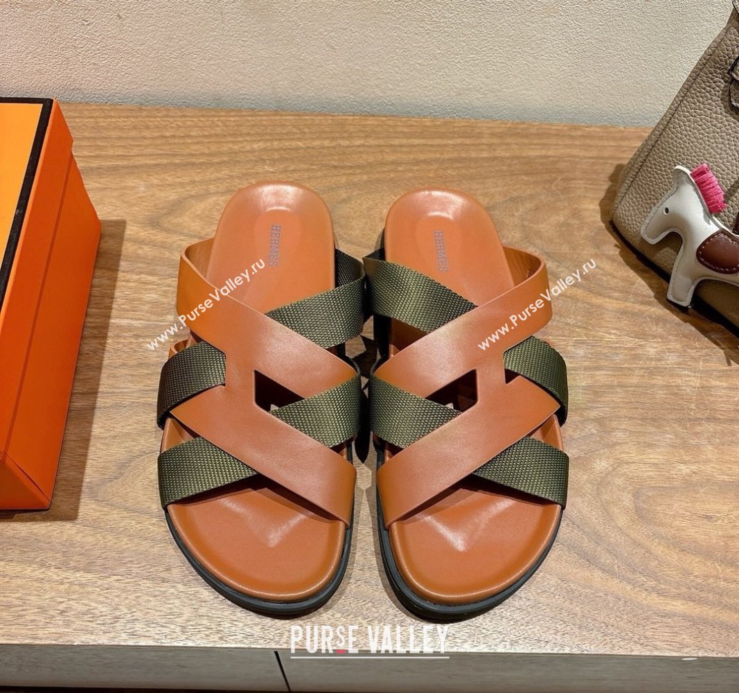 Hermes Kazimir Flat Slides Sandal in Woven Ribbon and Calfskin Leather Brown/Green 2025 0419 (XC-250419068)