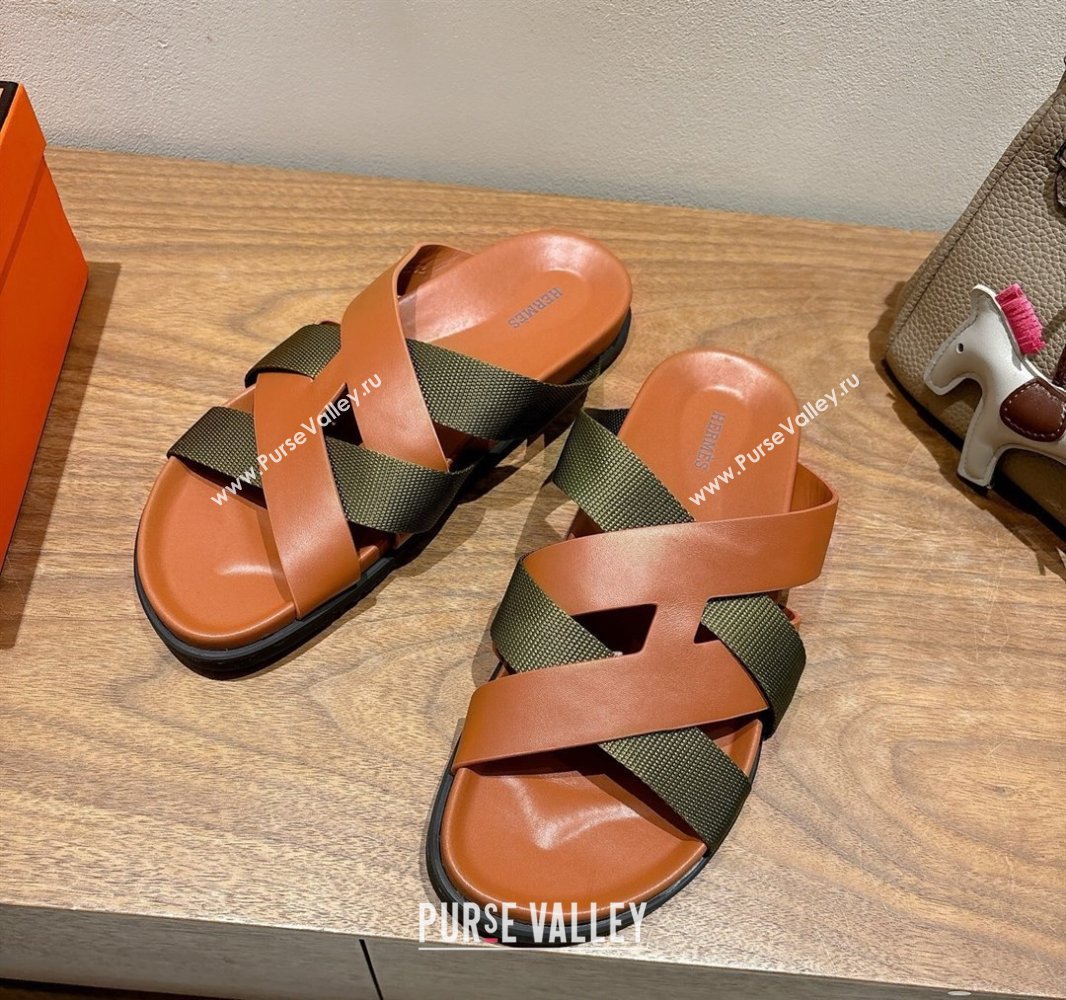 Hermes Kazimir Flat Slides Sandal in Woven Ribbon and Calfskin Leather Brown/Green 2025 0419 (XC-250419068)