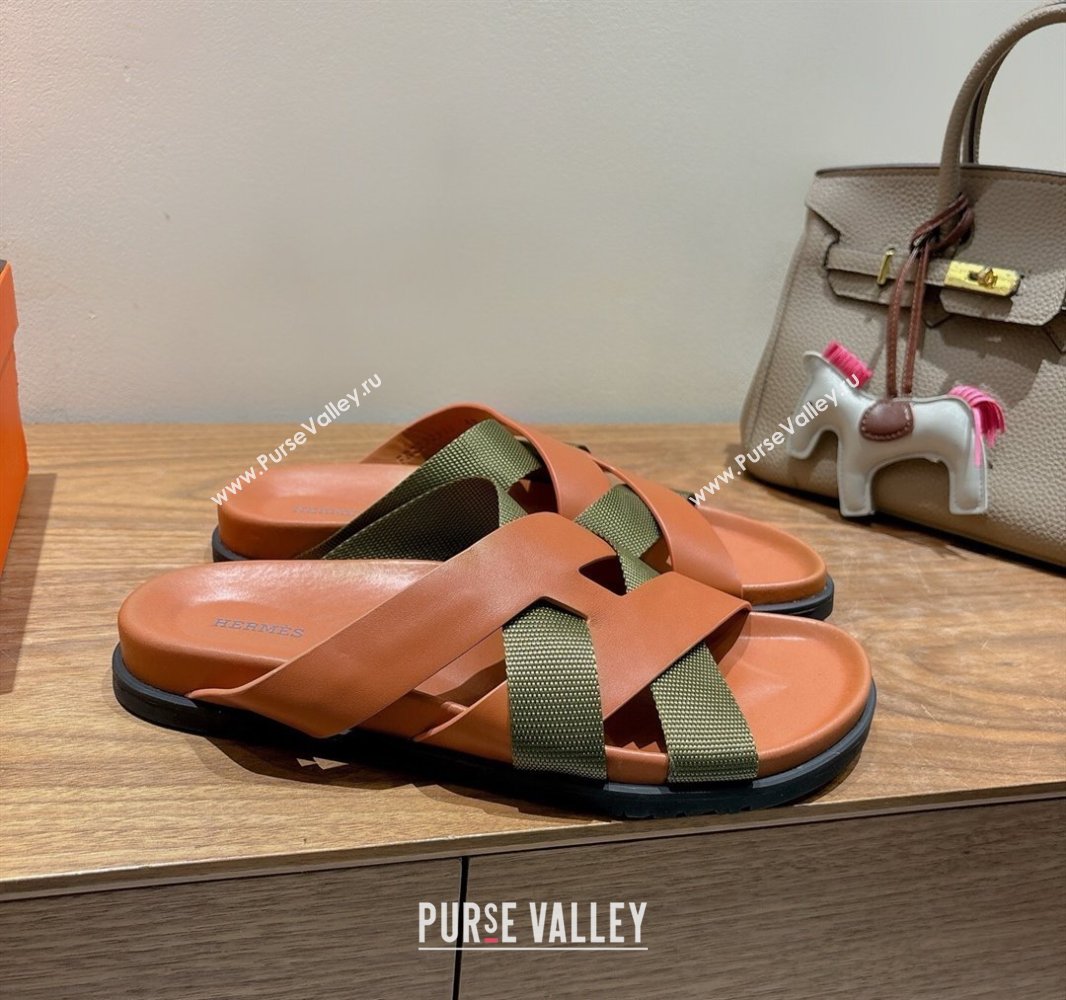 Hermes Kazimir Flat Slides Sandal in Woven Ribbon and Calfskin Leather Brown/Green 2025 0419 (XC-250419068)