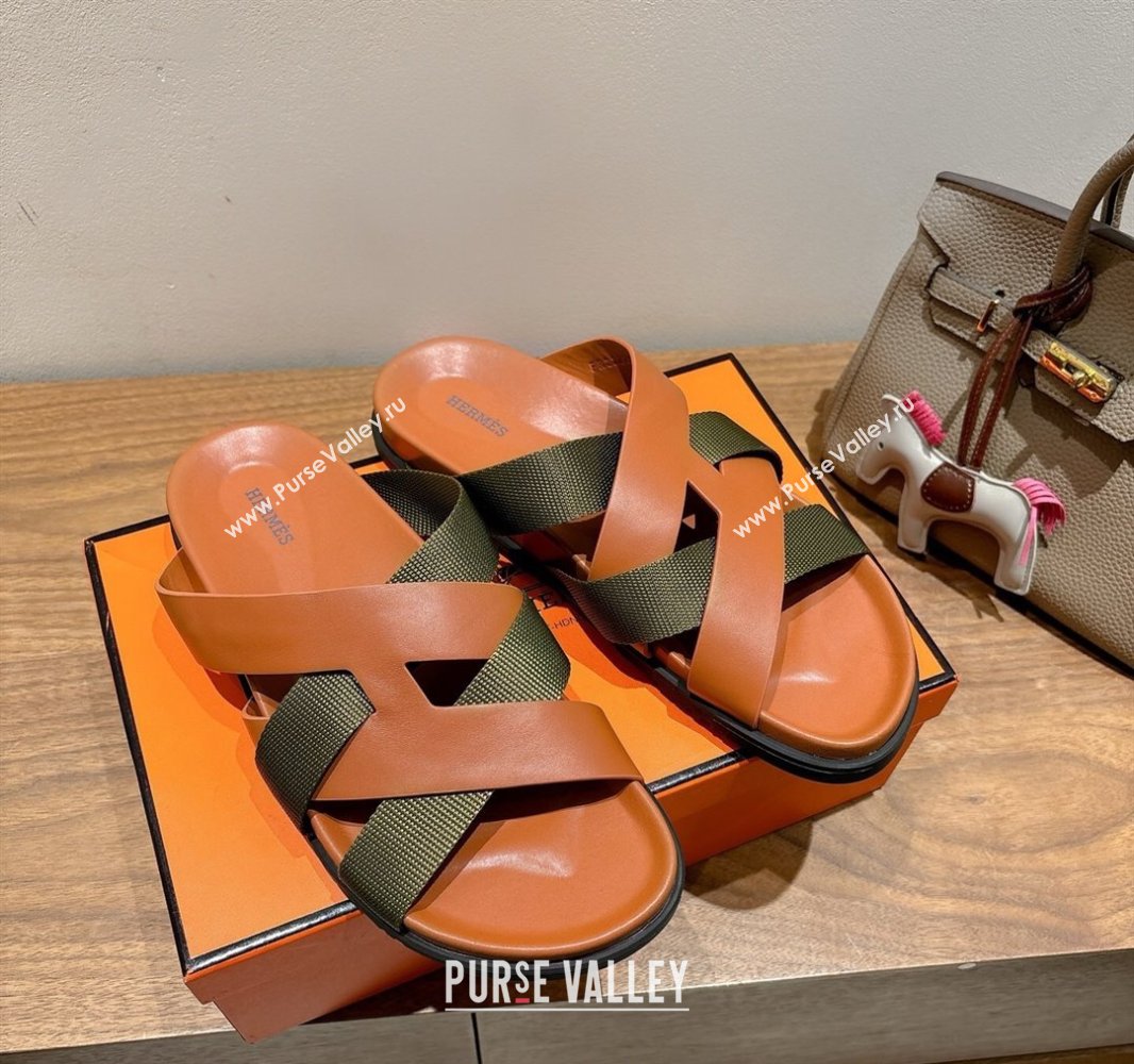 Hermes Kazimir Flat Slides Sandal in Woven Ribbon and Calfskin Leather Brown/Green 2025 0419 (XC-250419068)