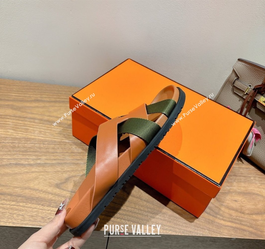 Hermes Kazimir Flat Slides Sandal in Woven Ribbon and Calfskin Leather Brown/Green 2025 0419 (XC-250419068)