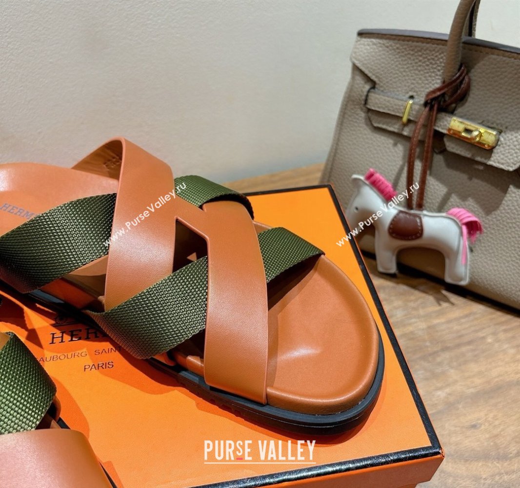 Hermes Kazimir Flat Slides Sandal in Woven Ribbon and Calfskin Leather Brown/Green 2025 0419 (XC-250419068)