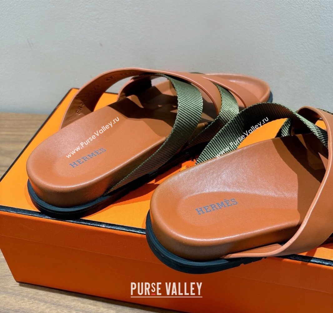 Hermes Kazimir Flat Slides Sandal in Woven Ribbon and Calfskin Leather Brown/Green 2025 0419 (XC-250419068)