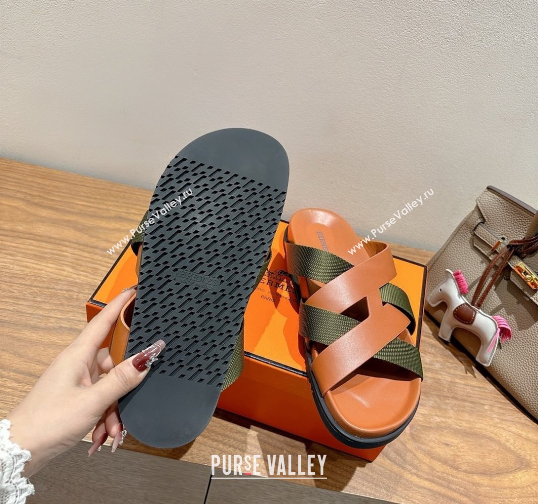 Hermes Kazimir Flat Slides Sandal in Woven Ribbon and Calfskin Leather Brown/Green 2025 0419 (XC-250419068)