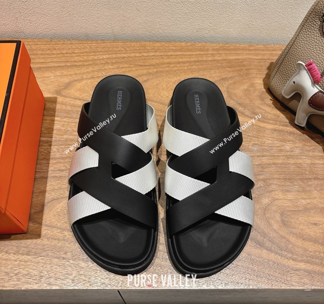 Hermes Kazimir Flat Slides Sandal in Woven Ribbon and Calfskin Leather Black/Light Grey 2025 0419 (XC-250419069)