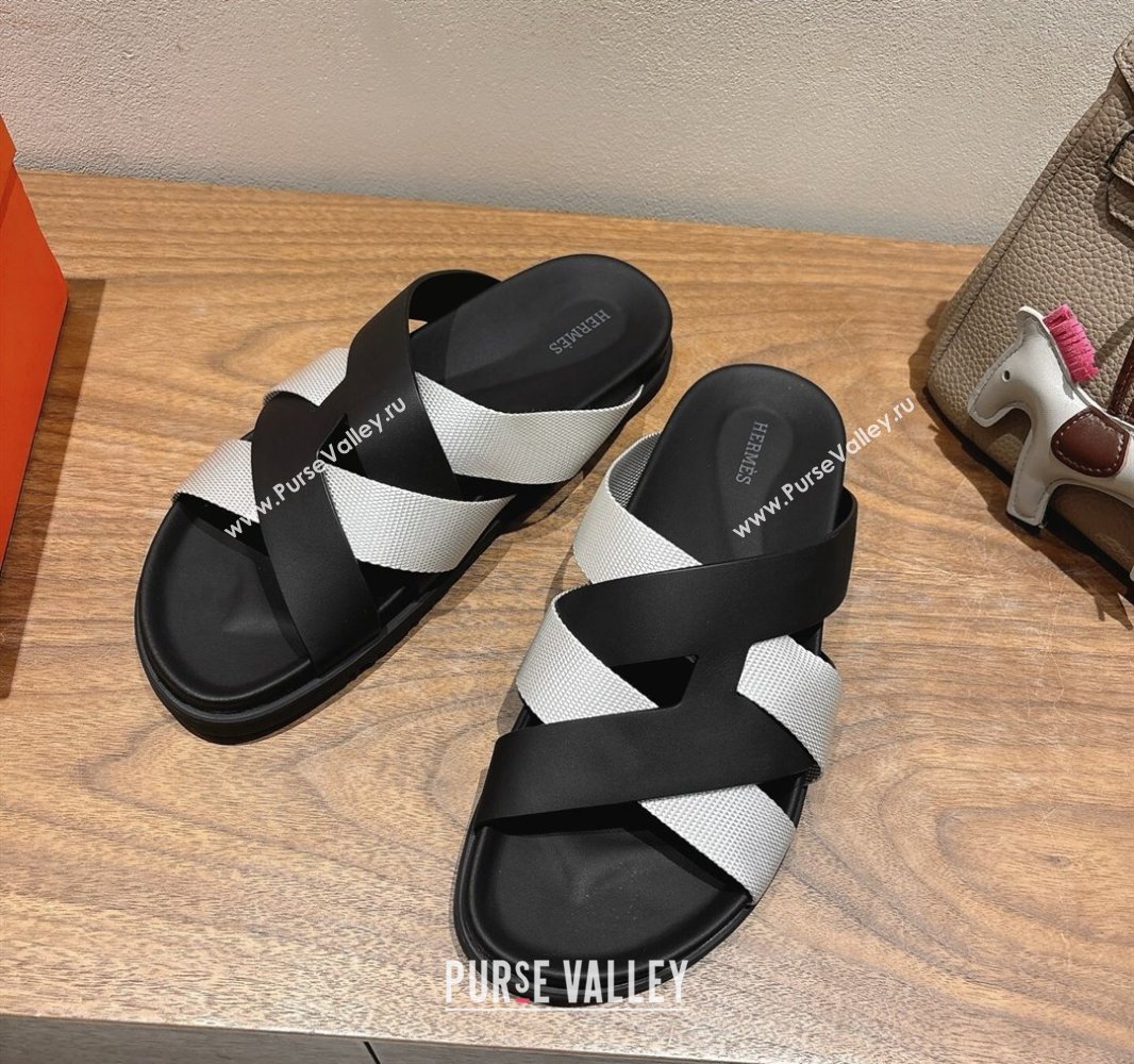 Hermes Kazimir Flat Slides Sandal in Woven Ribbon and Calfskin Leather Black/Light Grey 2025 0419 (XC-250419069)