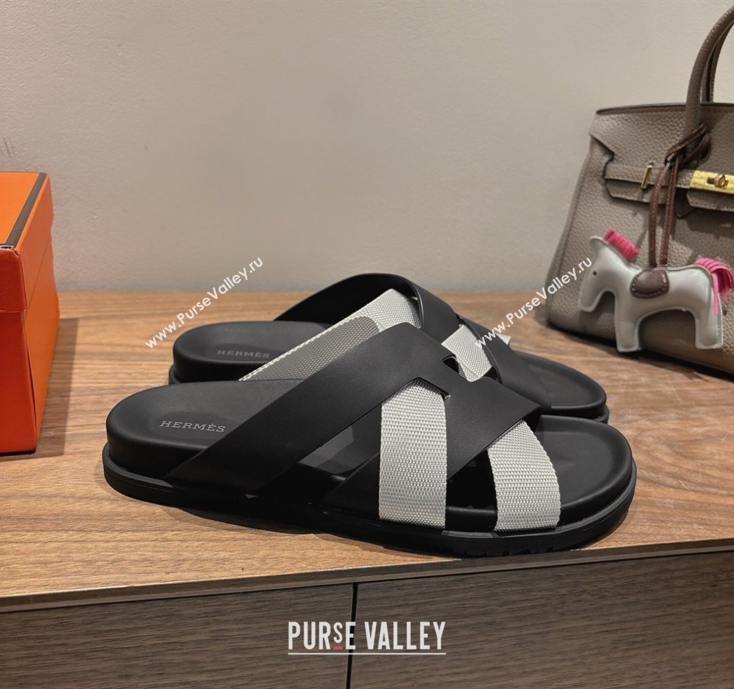 Hermes Kazimir Flat Slides Sandal in Woven Ribbon and Calfskin Leather Black/Light Grey 2025 0419 (XC-250419069)