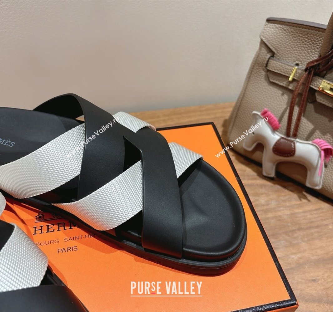 Hermes Kazimir Flat Slides Sandal in Woven Ribbon and Calfskin Leather Black/Light Grey 2025 0419 (XC-250419069)
