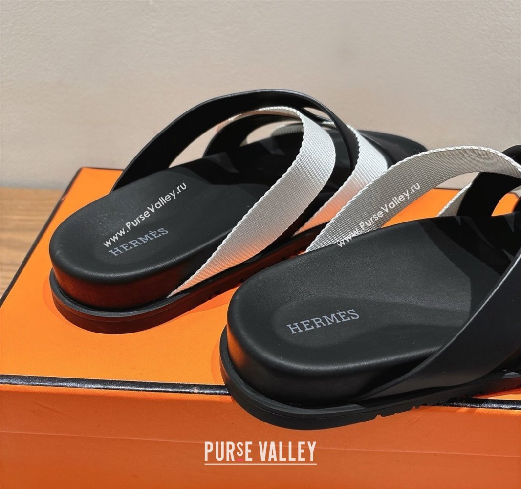 Hermes Kazimir Flat Slides Sandal in Woven Ribbon and Calfskin Leather Black/Light Grey 2025 0419 (XC-250419069)