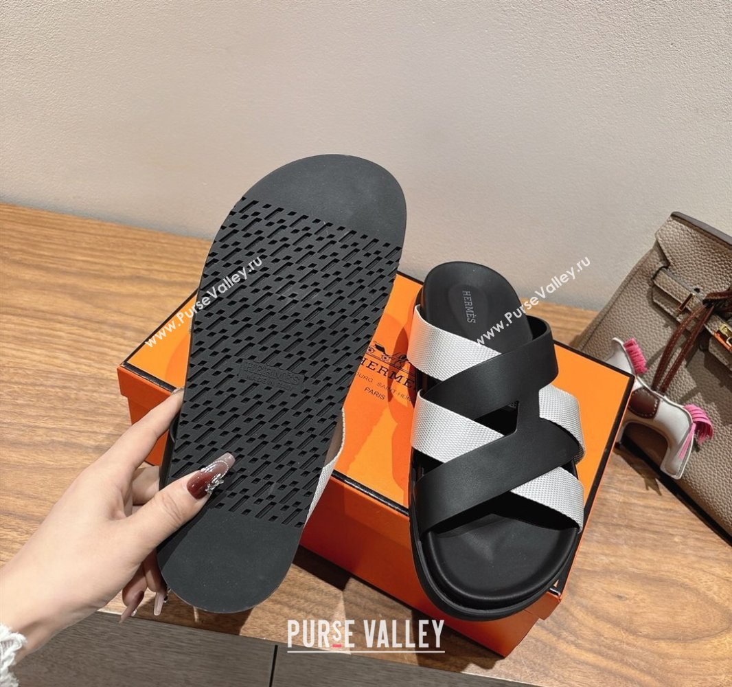 Hermes Kazimir Flat Slides Sandal in Woven Ribbon and Calfskin Leather Black/Light Grey 2025 0419 (XC-250419069)