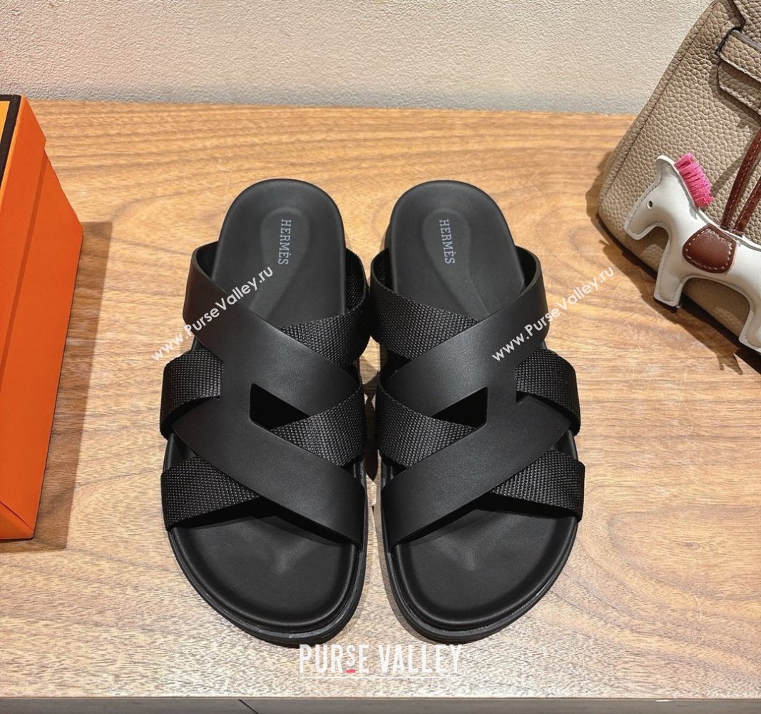 Hermes Kazimir Flat Slides Sandal in Woven Ribbon and Calfskin Leather All Black 2025 0419 (XC-250419070)