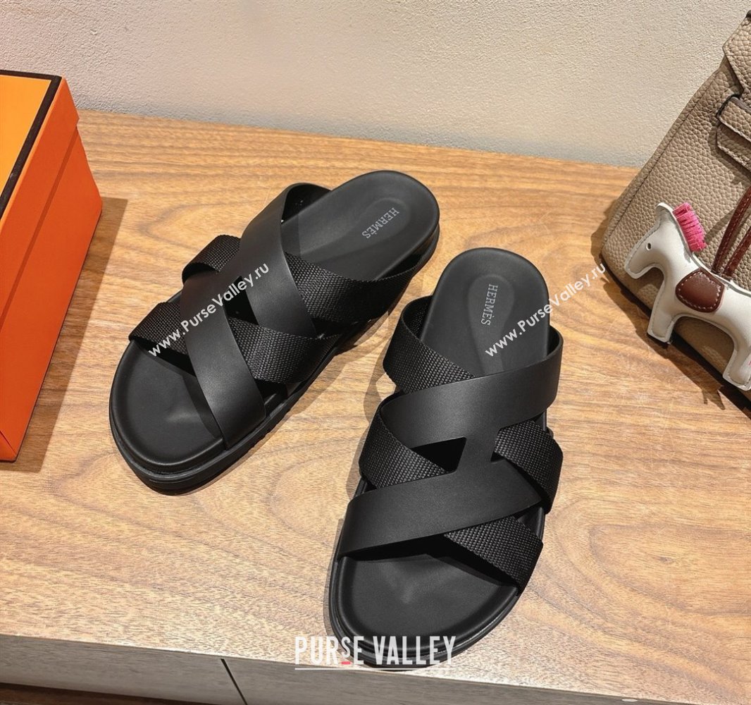Hermes Kazimir Flat Slides Sandal in Woven Ribbon and Calfskin Leather All Black 2025 0419 (XC-250419070)