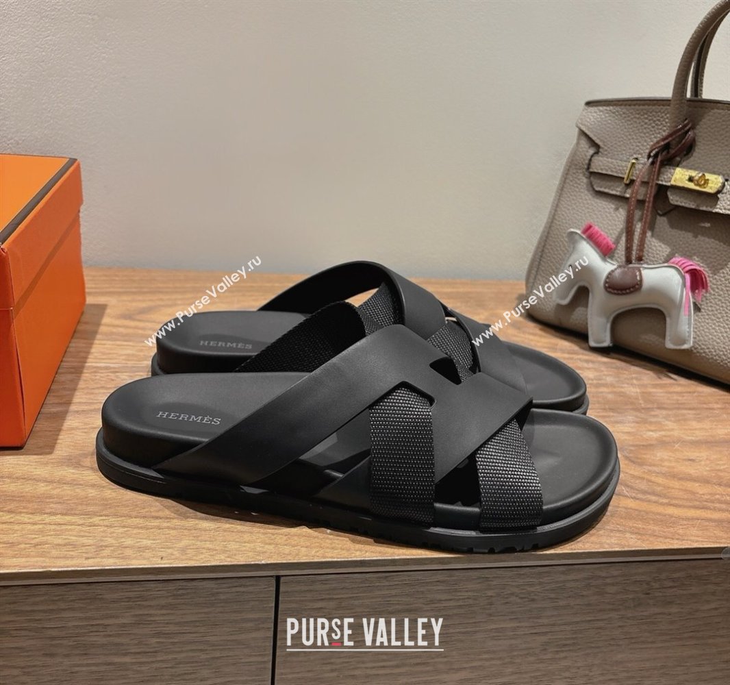 Hermes Kazimir Flat Slides Sandal in Woven Ribbon and Calfskin Leather All Black 2025 0419 (XC-250419070)