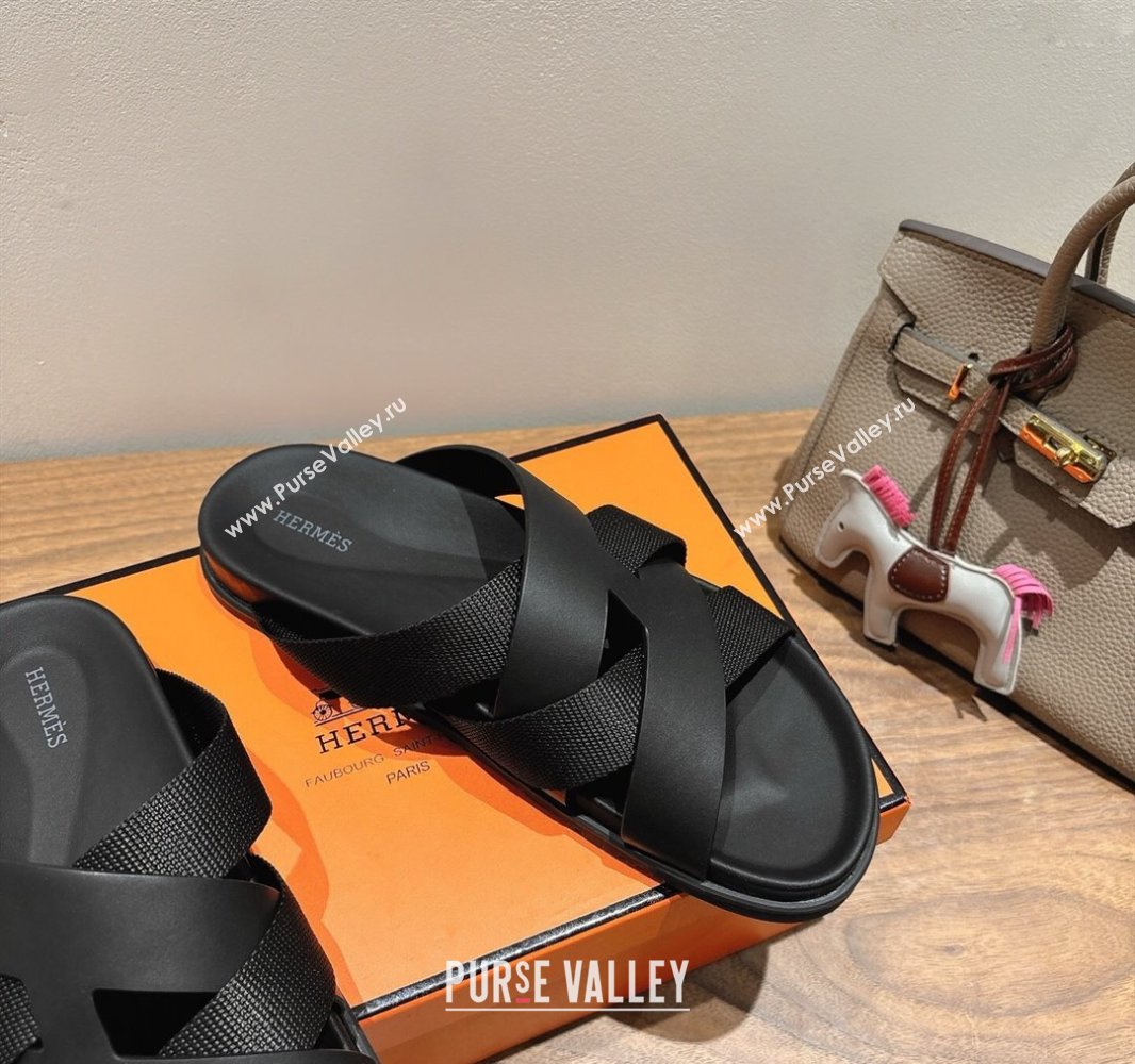 Hermes Kazimir Flat Slides Sandal in Woven Ribbon and Calfskin Leather All Black 2025 0419 (XC-250419070)