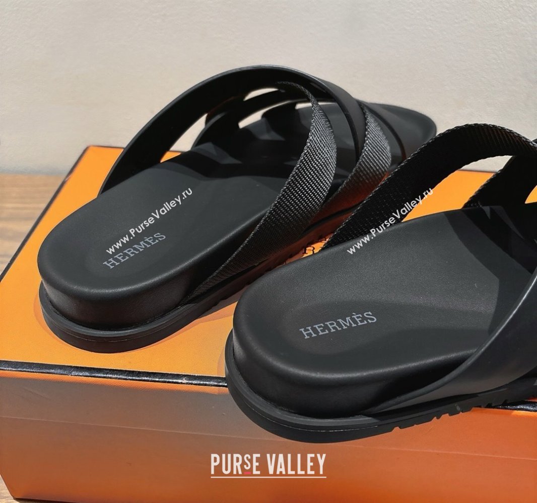 Hermes Kazimir Flat Slides Sandal in Woven Ribbon and Calfskin Leather All Black 2025 0419 (XC-250419070)