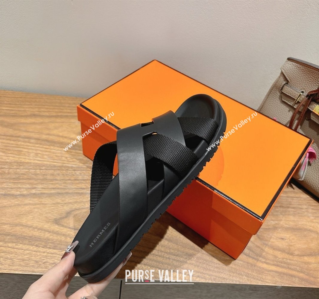 Hermes Kazimir Flat Slides Sandal in Woven Ribbon and Calfskin Leather All Black 2025 0419 (XC-250419070)