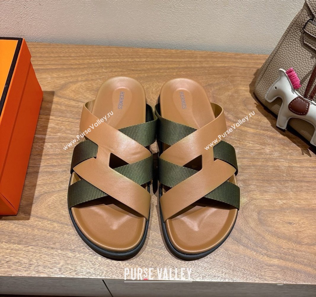 Hermes Kazimir Flat Slides Sandal in Woven Ribbon and Calfskin Leather Light Brown/Green 2025 0419 (XC-250419071)