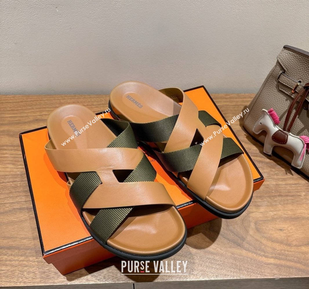 Hermes Kazimir Flat Slides Sandal in Woven Ribbon and Calfskin Leather Light Brown/Green 2025 0419 (XC-250419071)