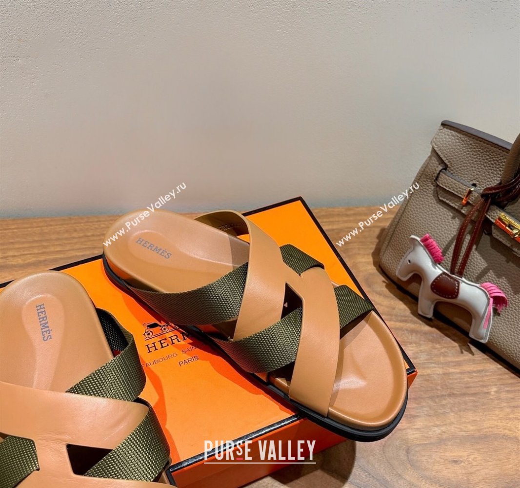 Hermes Kazimir Flat Slides Sandal in Woven Ribbon and Calfskin Leather Light Brown/Green 2025 0419 (XC-250419071)