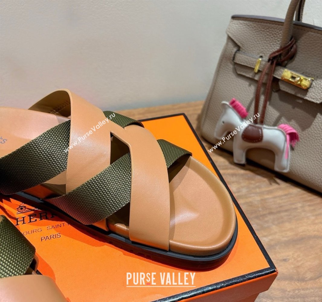 Hermes Kazimir Flat Slides Sandal in Woven Ribbon and Calfskin Leather Light Brown/Green 2025 0419 (XC-250419071)
