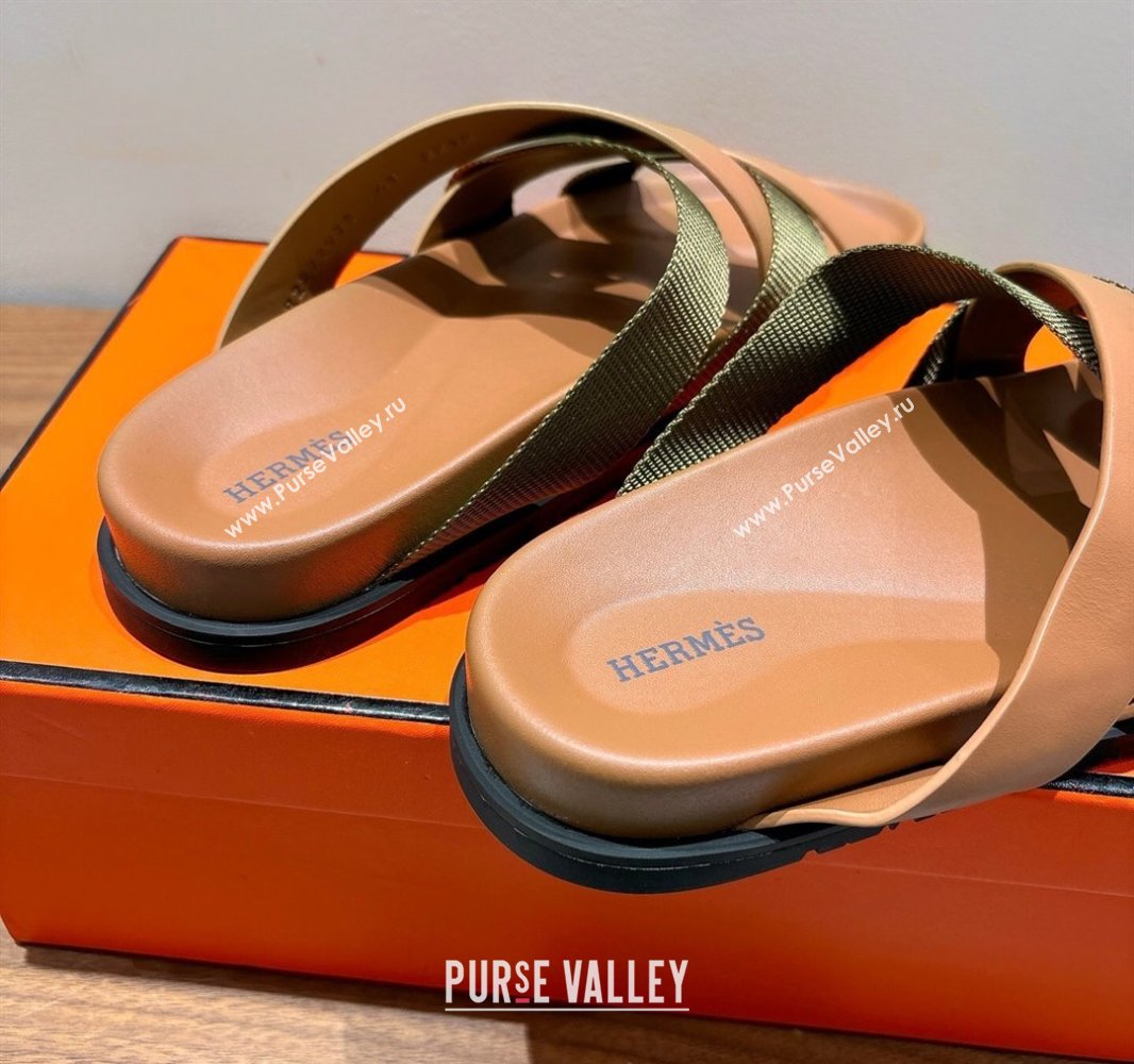 Hermes Kazimir Flat Slides Sandal in Woven Ribbon and Calfskin Leather Light Brown/Green 2025 0419 (XC-250419071)