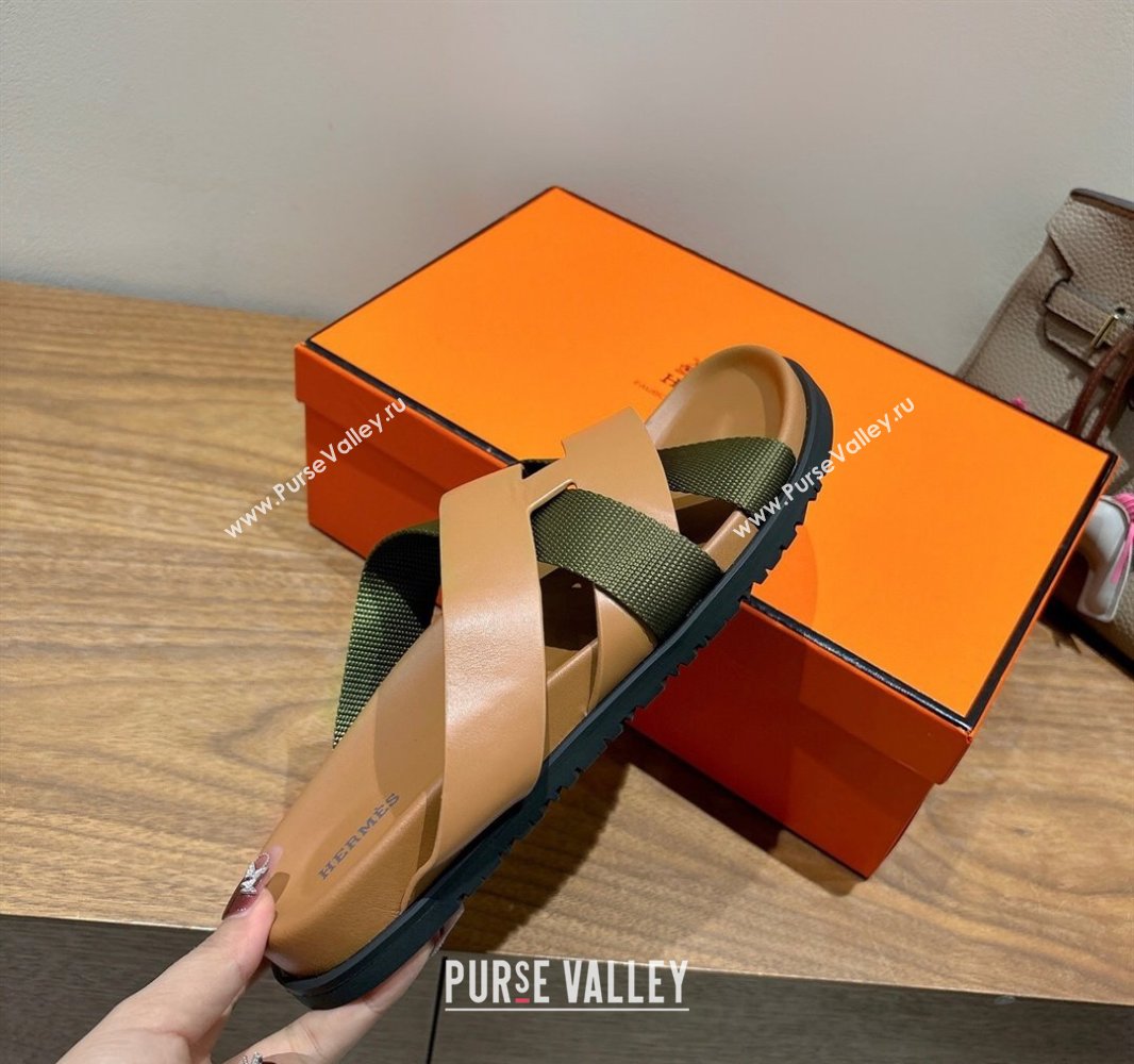 Hermes Kazimir Flat Slides Sandal in Woven Ribbon and Calfskin Leather Light Brown/Green 2025 0419 (XC-250419071)