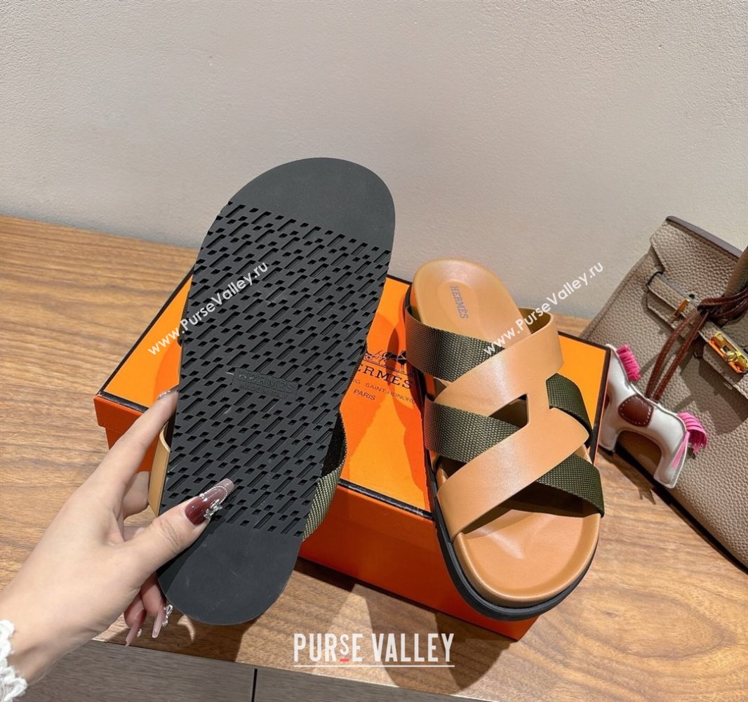 Hermes Kazimir Flat Slides Sandal in Woven Ribbon and Calfskin Leather Light Brown/Green 2025 0419 (XC-250419071)