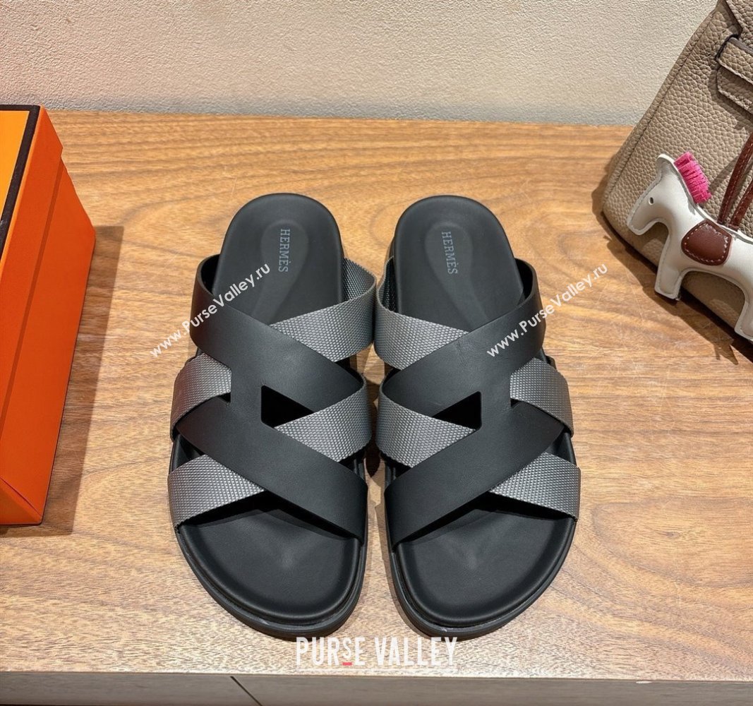 Hermes Kazimir Flat Slides Sandal in Woven Ribbon and Calfskin Leather Black/Dark Grey 2025 0419 (XC-250419072)