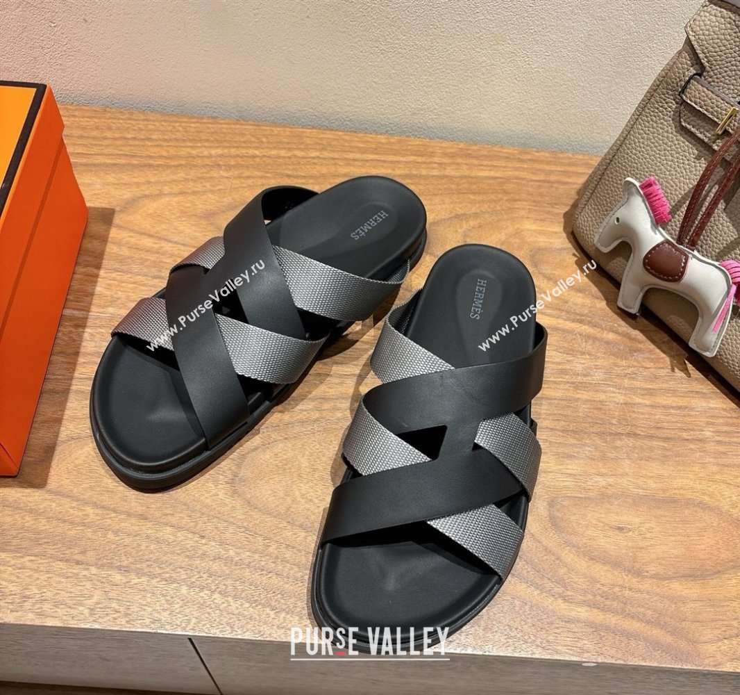 Hermes Kazimir Flat Slides Sandal in Woven Ribbon and Calfskin Leather Black/Dark Grey 2025 0419 (XC-250419072)
