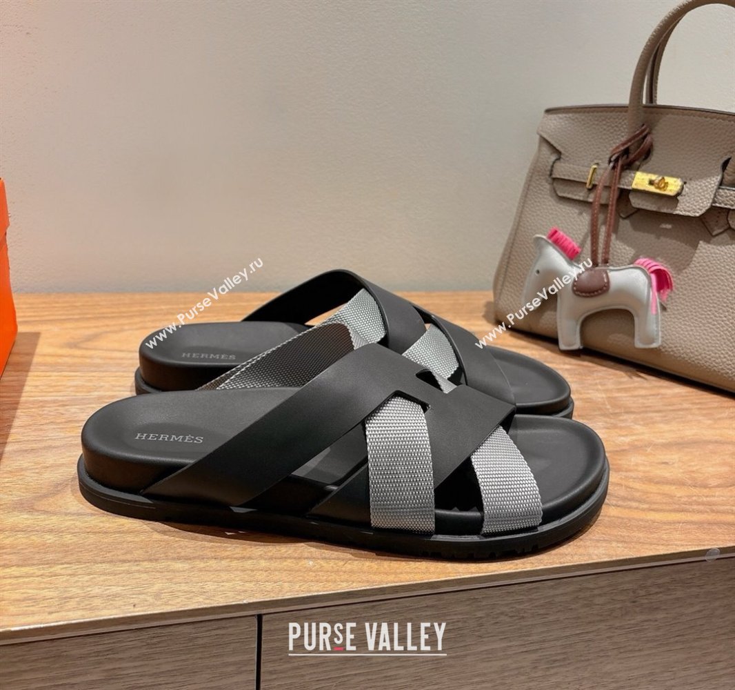 Hermes Kazimir Flat Slides Sandal in Woven Ribbon and Calfskin Leather Black/Dark Grey 2025 0419 (XC-250419072)
