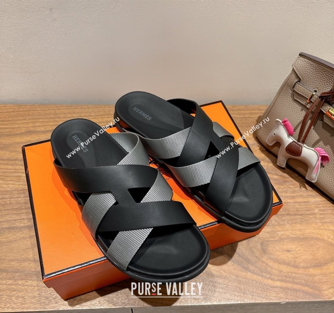Hermes Kazimir Flat Slides Sandal in Woven Ribbon and Calfskin Leather Black/Dark Grey 2025 0419 (XC-250419072)