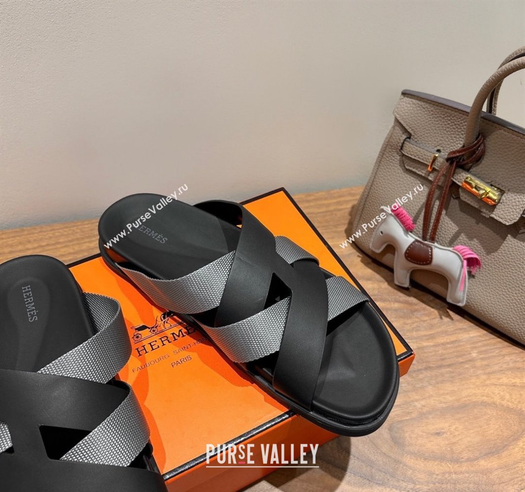 Hermes Kazimir Flat Slides Sandal in Woven Ribbon and Calfskin Leather Black/Dark Grey 2025 0419 (XC-250419072)