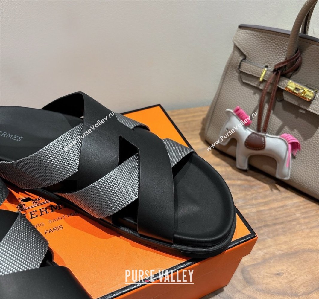 Hermes Kazimir Flat Slides Sandal in Woven Ribbon and Calfskin Leather Black/Dark Grey 2025 0419 (XC-250419072)