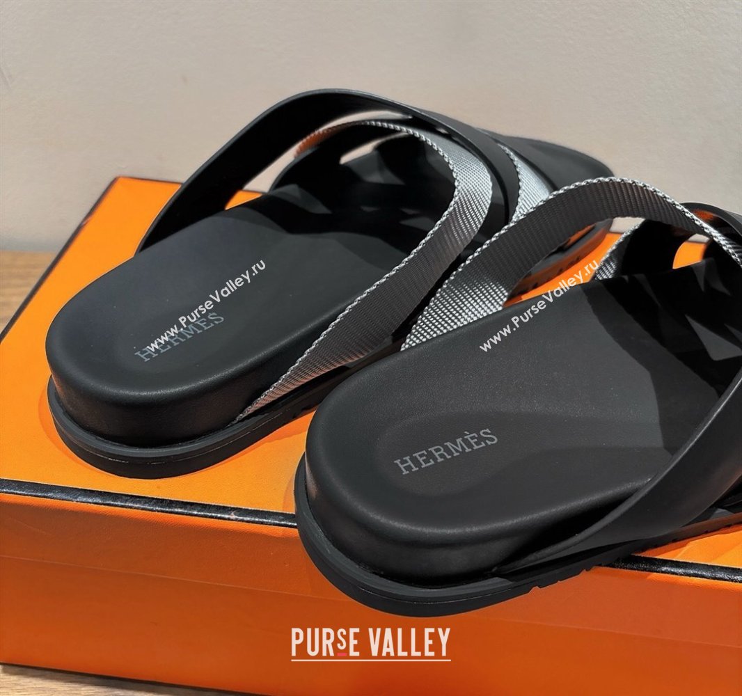 Hermes Kazimir Flat Slides Sandal in Woven Ribbon and Calfskin Leather Black/Dark Grey 2025 0419 (XC-250419072)