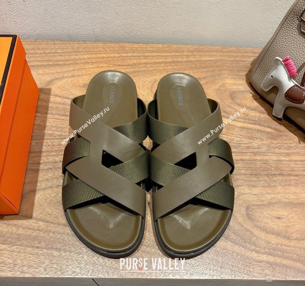 Hermes Kazimir Flat Slides Sandal in Woven Ribbon and Calfskin Leather All Green 2025 0419 (XC-250419073)