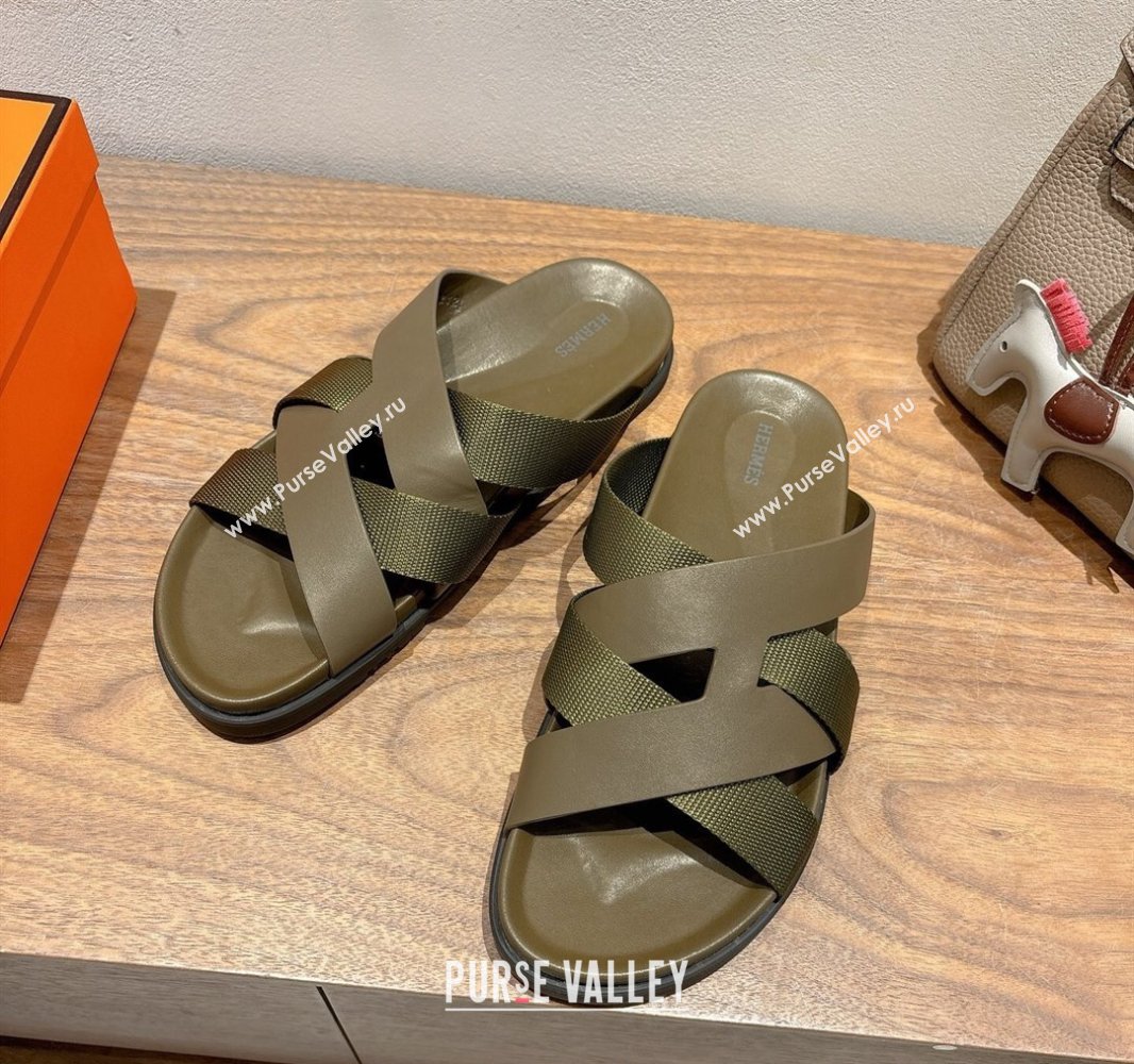Hermes Kazimir Flat Slides Sandal in Woven Ribbon and Calfskin Leather All Green 2025 0419 (XC-250419073)
