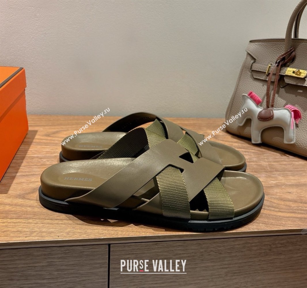 Hermes Kazimir Flat Slides Sandal in Woven Ribbon and Calfskin Leather All Green 2025 0419 (XC-250419073)